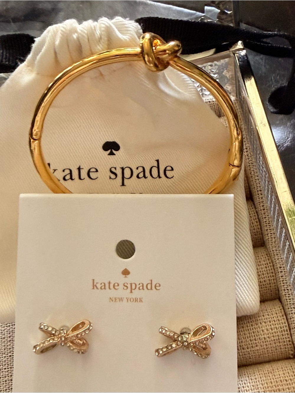 kate spade ♠️ Gold Knot Hinged Bangle Bracelet & Crystal Bow Earrings Set